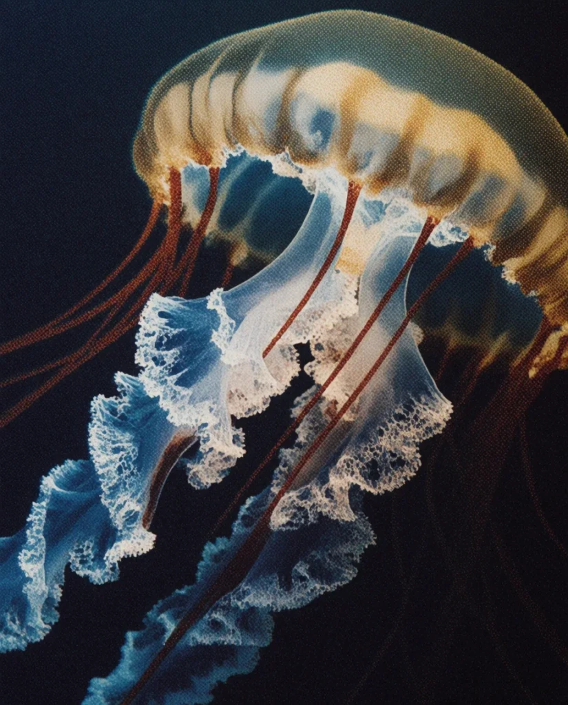 Une méduse translucide aux tentacules rouges et aux volants bleutés dérivant sur un fond sombre, générée avec Krea 2 Turbo.